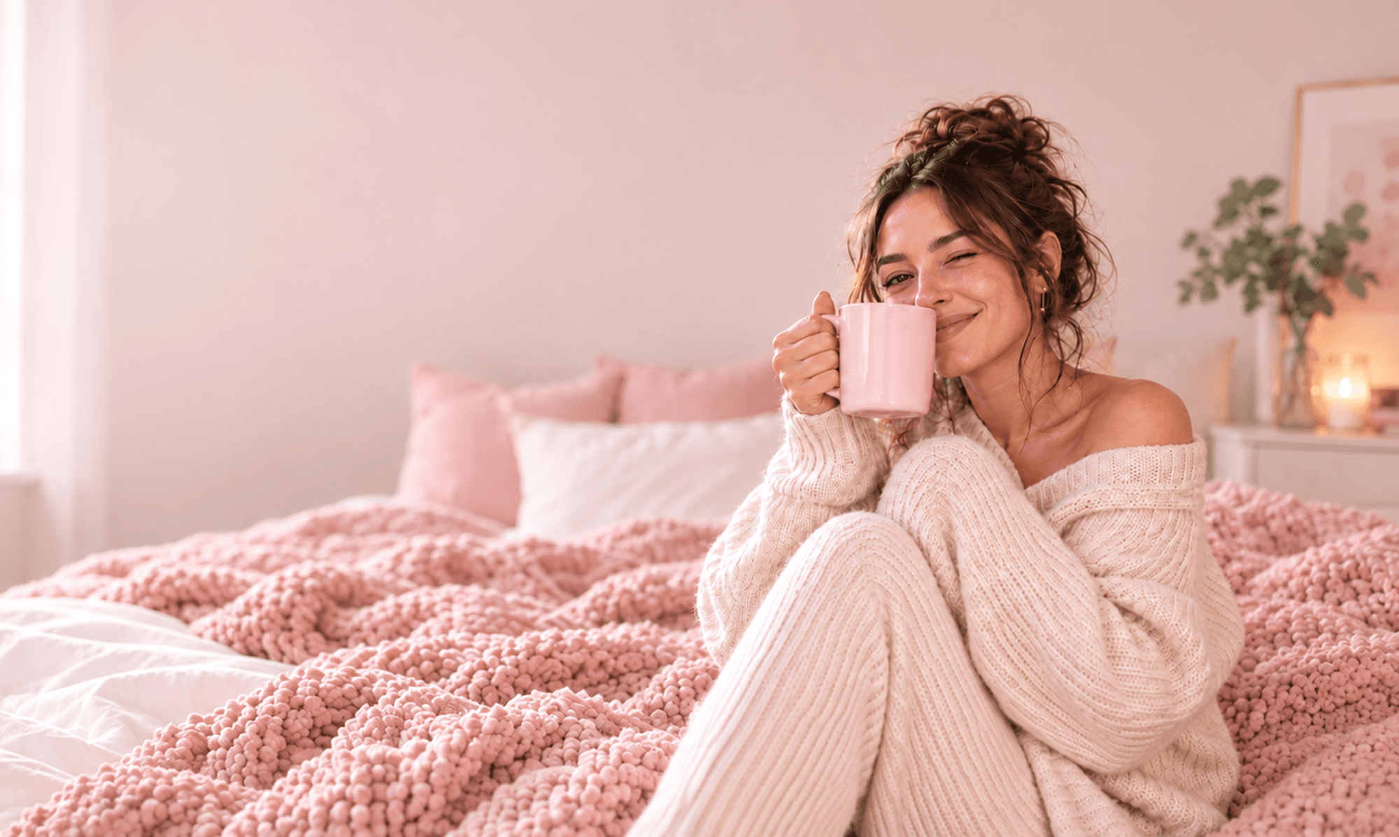A woman smiling into a pink mug on a soft bed, at ease in her own company