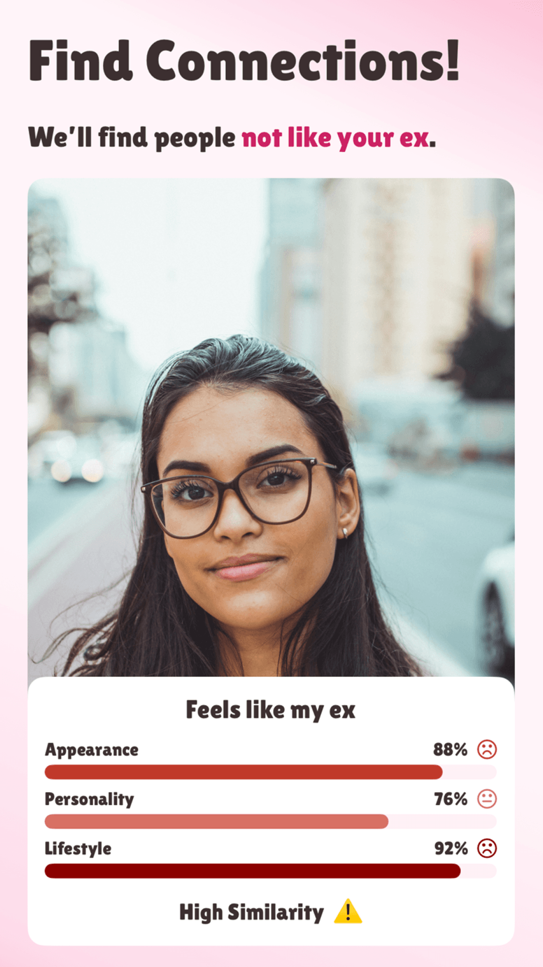 The NOT MY EX app showing a connection with an ex-similarity breakdown